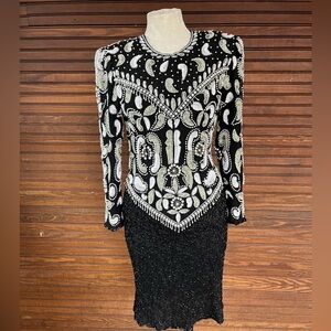 Scala Black and Silver Beaded Long Sleeve Dress